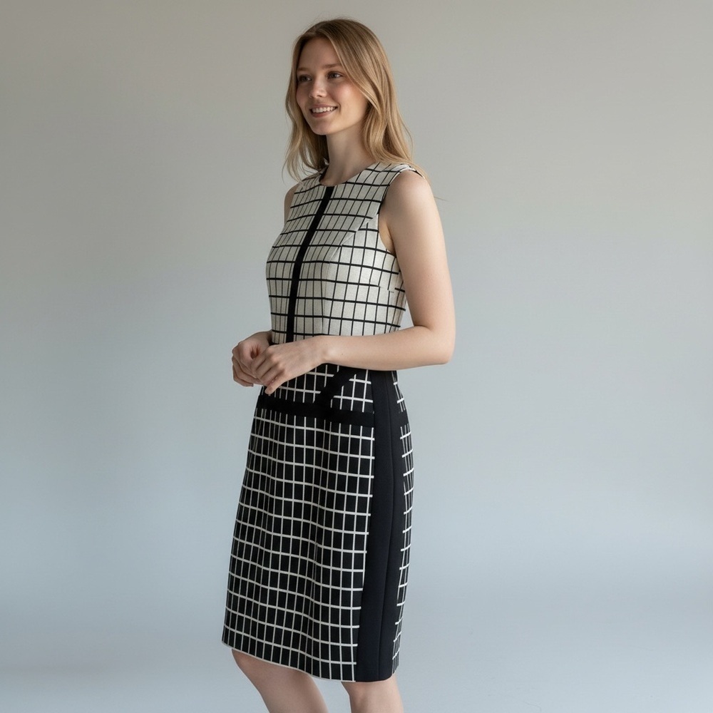 Sleeveless Black & White Grid Pencil Skirt
